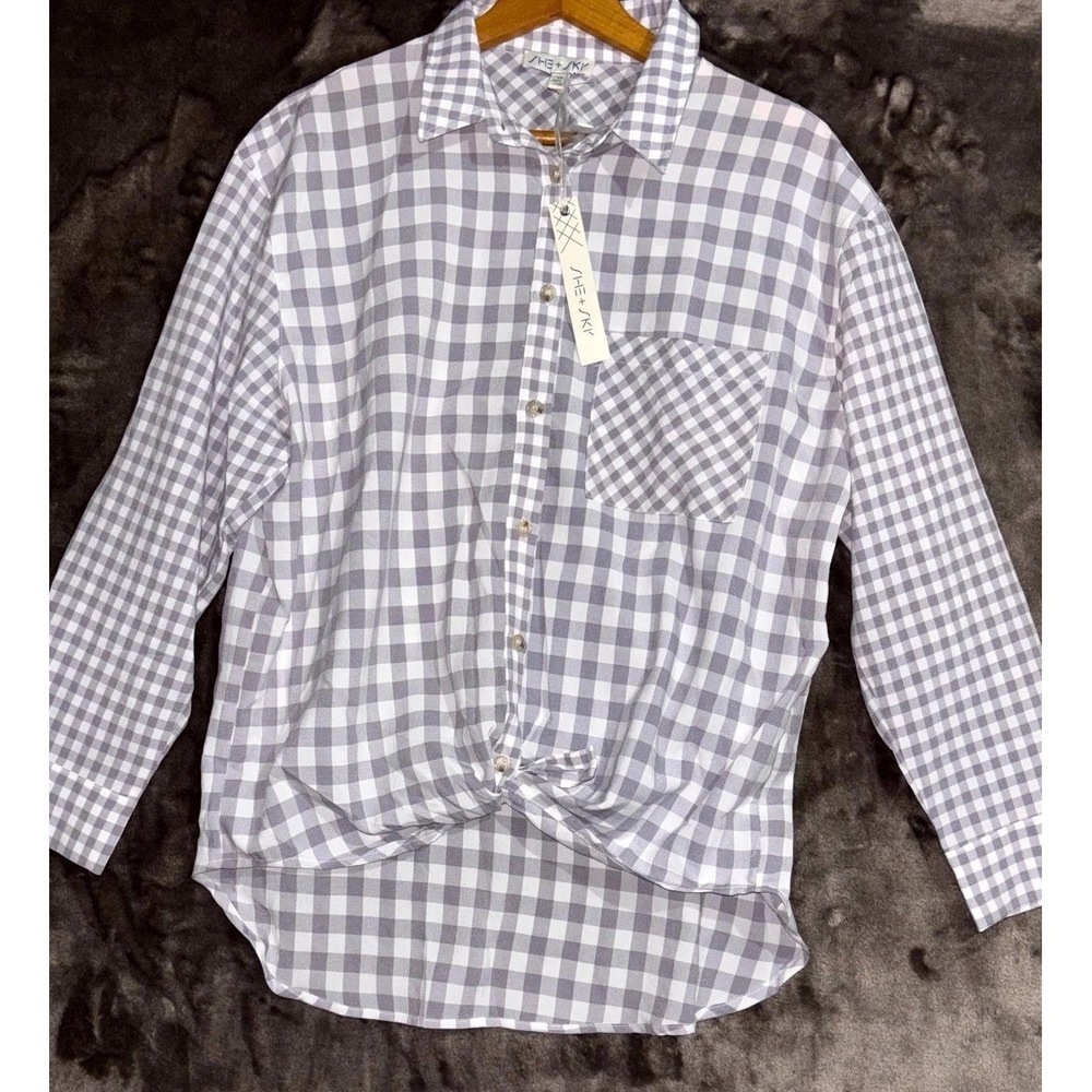 She + Sky Shirt Womens Medium Gray Gingham Check Preppy Knit‎ Front Button Up